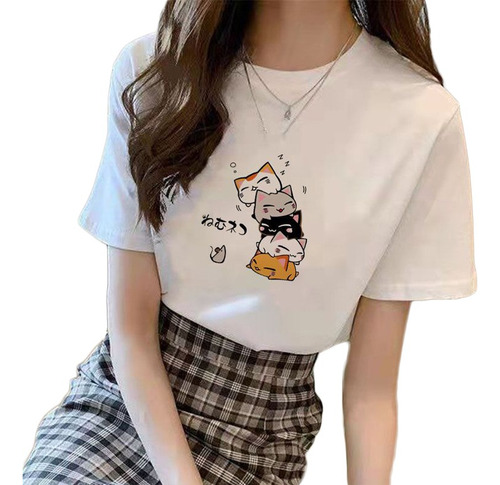 Camiseta Casual De Manga Corta Para Mujer-gatos