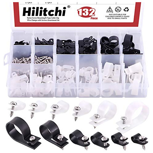 Hilitchi 132 Pcs 6 Sizes Black And White Plastic Cable Clamp