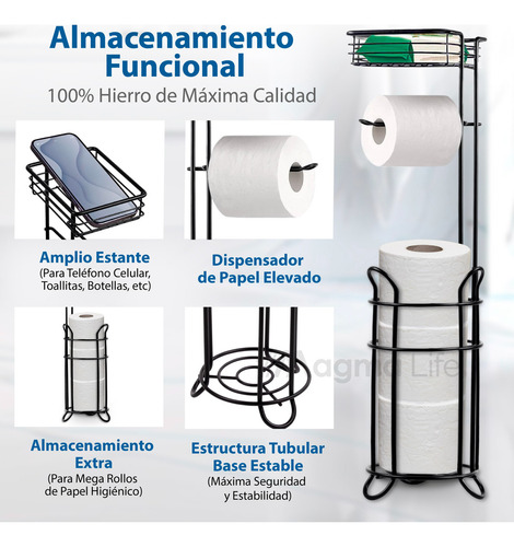 Magma Life Porta Rollos de Papel de Baño Metálico: Elegante Soporte para Papel Higiénico en Color Negro, con Espacio para el Teléfono Celular, ¡Utilidad y Comodidad para tu Baño!