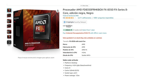 Procesador Amd Fx 8350 8 Núcleos 4.00 Ghz Am3+ Black Edition