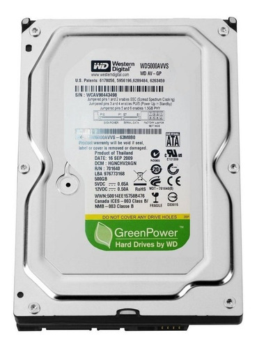 Hd 500gb Wd Green Disco Rígido Interno Western Digital Power Wd5000avvs Verde