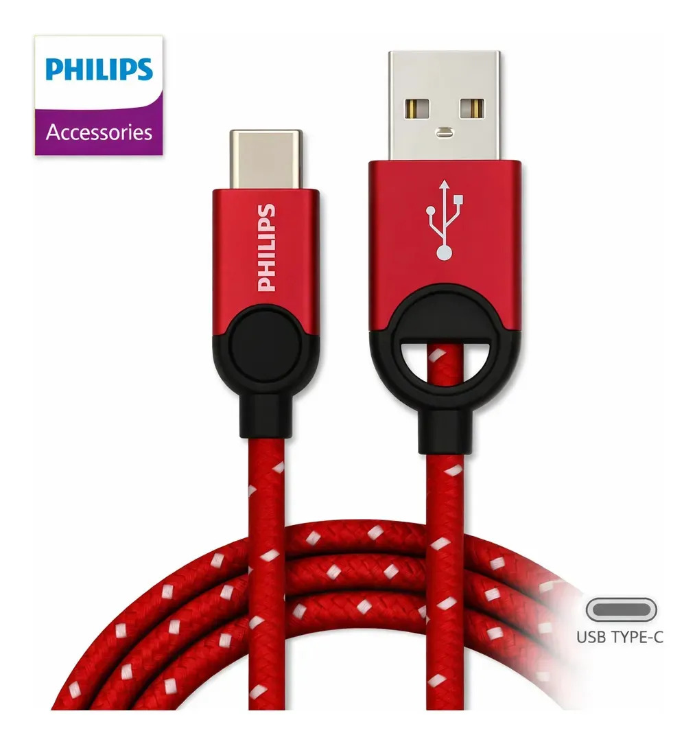 Cabo Usb Turbo Tipo C Philips Original Carregamento Rapido 1.2 Metro Nylon DLC2628N Cor Vermelho