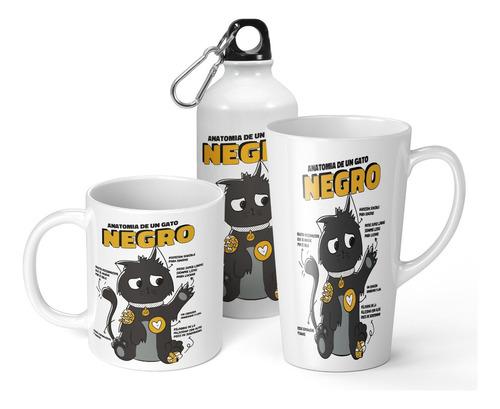 Set Taza + Botella + Taza Conica Anatamia De Un Gato Negro