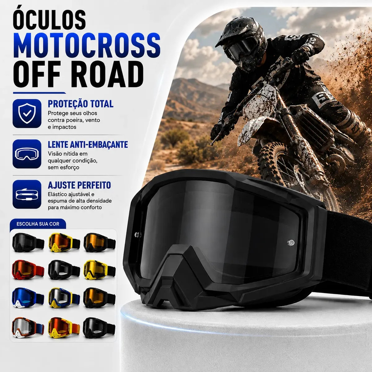 Óculos Motocross Trilha Enduro Off Road Lente Espelhada Silicone Flexível Antiembaçante Proteção UV Entrada de Ar Elástico Ajustável Espuma Capacete Bike Ciclismo Nautilus Ocean -