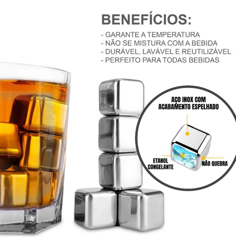 Kit 12 Cubos De Gelo Inox Pedras Reutilizáveis Bebida Drinks
