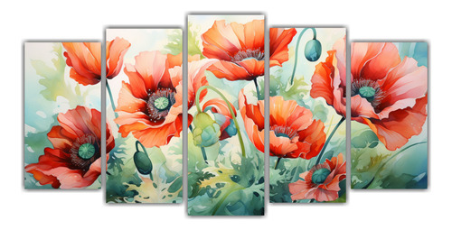 150x75cm Cuadro De Flores De Amapolas En Colores Verdes Y Ro