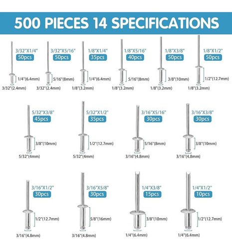 500x Remaches Ciegos, Set De Remaches, 3/32 1/8 5/32 Plata