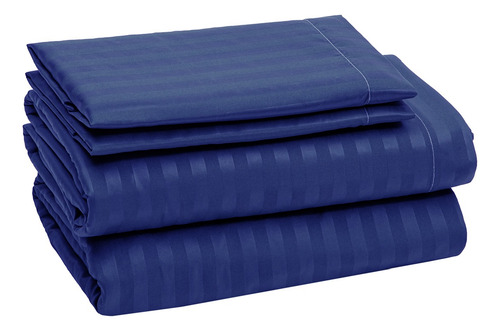 Sábanas Matrimonial Rayas Tacto Extra Suave Algodón 4 Piezas Color Azul Marino Diseño De La Tela Liso
