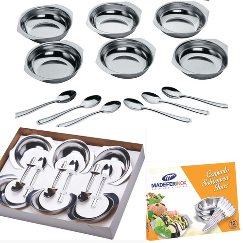Conjunto Jogo Tigelas Com Colheres Inox Para Sobremesa Kit