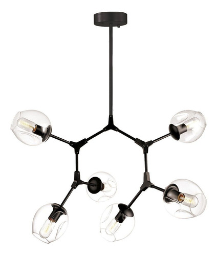 Lustre Em Metal Preto E Vidro Transparente Com 6 Bracos