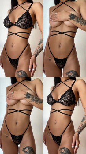 Conjunto Lenceria Encaje Sexy Regulable Negro Encaje 95