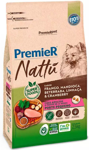 Ração Premier Nattu Cães Adulto Raças Pequena Mandioca 2,5kg
