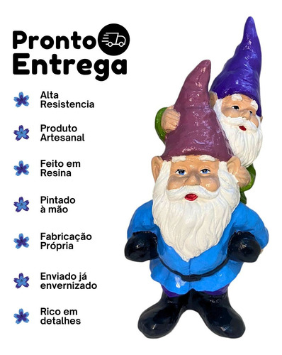 Anão Gnomo Duplo Grande Enfeite De Jardim Área Externa Azul E Verde