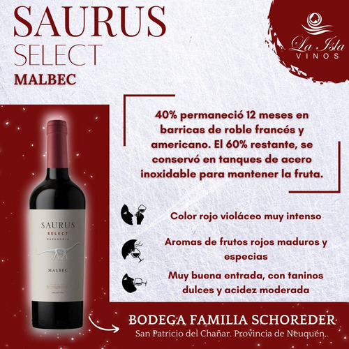 Imagen 2 de 10 de Vino Saurus Select Malbec Caja X 6 X 750ml.