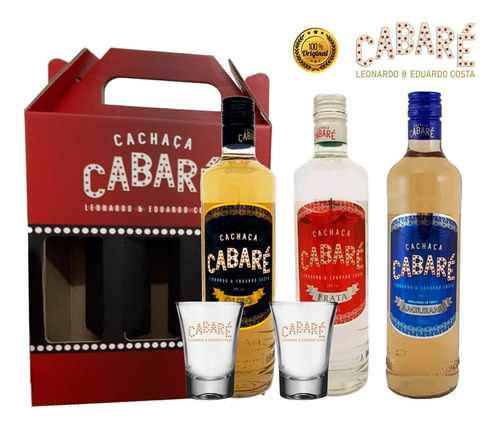 Kit Cachaça Cabaré 700ml - Caixa Presente + 2 Copos Cabaré