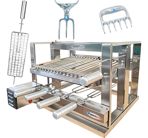 Kit Churrasqueira Inox Com Motor 4 Espetos + Brindes