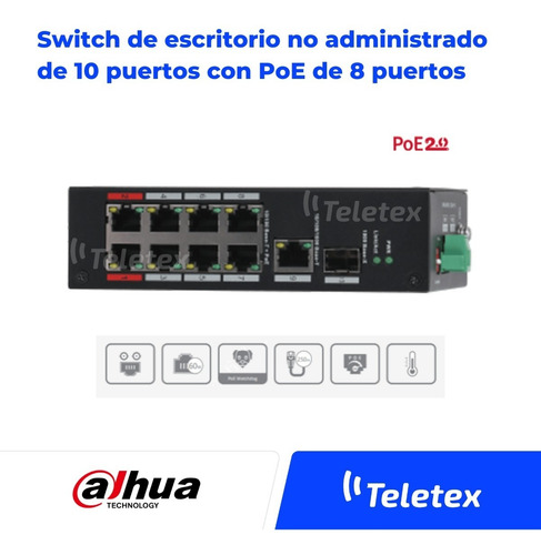 Imagen 2 de 10 de Switch Dahua Dh-pfs3110-8et-96 10 Puertos Poe 8 Puertos