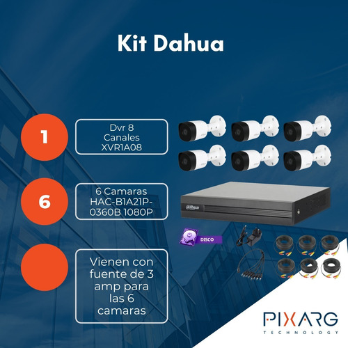 Imagen 2 de 7 de Kit 6 Cámaras 1080p Exterior Dvr Dahua 8ch P2p Qr +disco 1tb