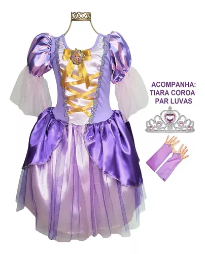 Fantasia Infantil Vestido Princesa Sofia Rapunzel Par Luvas e Tiara