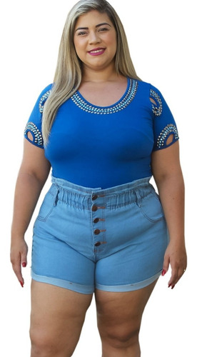 Short Plus Size Jeans Feminino Cintura Alta Lycra E Elastico