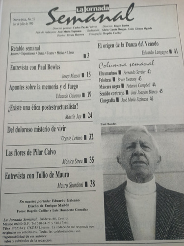 La Jornada Semanal Eduardo Galeano Paul Bowles (Usado)