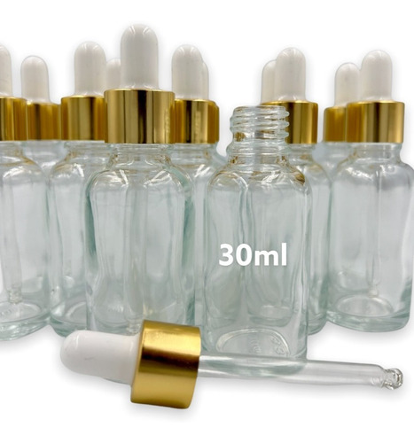 100 Goteros 30ml Vidrio Transparente., Blanco/dorado