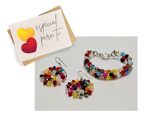 Conjunto De Pulsera Y Aretes De Cristal Multicolor Artesanal