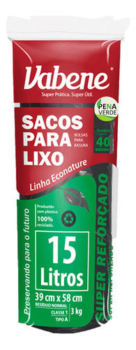 Saco Lixo Preto Super Reforcado 15l 40un / Rolo Vabene