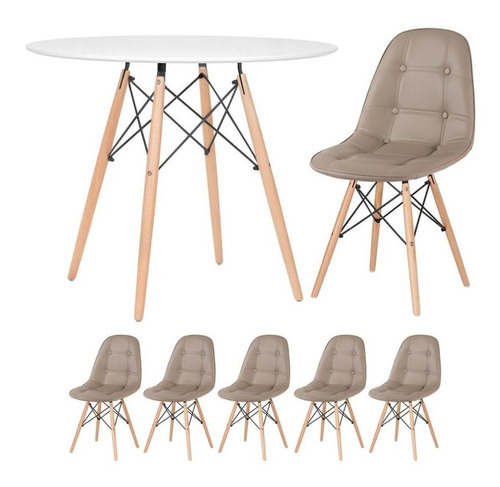 Kit Mesa Jantar Eames Wood 90 Cm E 5 Cadeiras Eames Botonê Cor Da Tampa Mesa Branco Com Cadeiras Nude