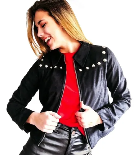 Campera / Chaqueta Gamuza Importada Negra Con Tachas