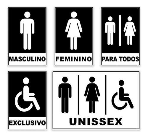 Kit 5 Placas Banheiro Masculino Feminino Unissex Exclusivo