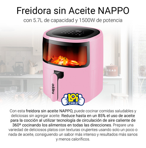 Freidora De Aire Nappo 1500w 5.7 Litros Con Luz Y Visor Rosa