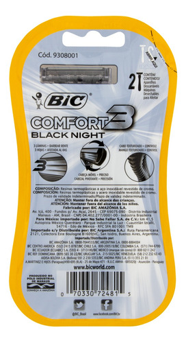 Bic Aparelho Descartável para Barbear Comfort 3 Black Night 2 Unidades