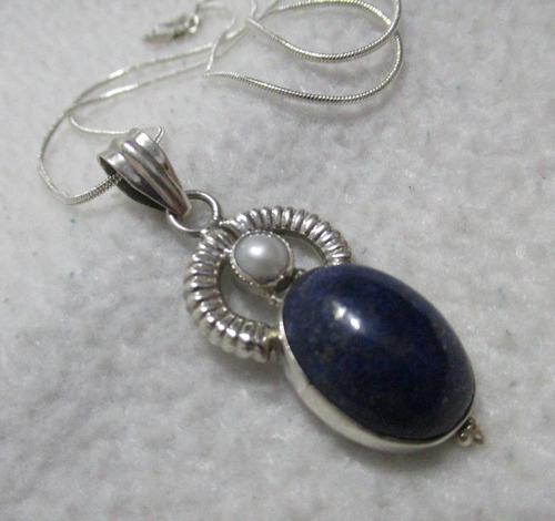 Cadena Colgante Plata 925 Con Piedra Azurita Y Perla Blanca