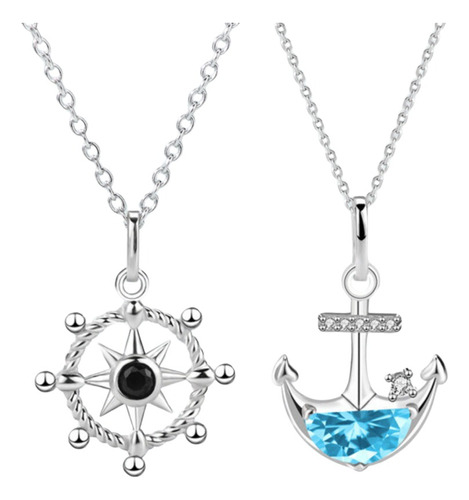 Duo Collares Ancla Y Timon Plata Ley 925 Parejas Amor C774 