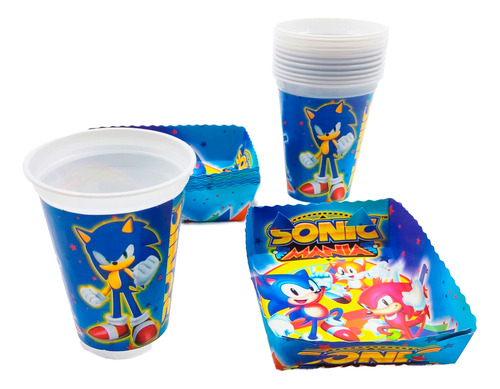 Kit 12 Vasos 12 Platos Decorativos Sonic