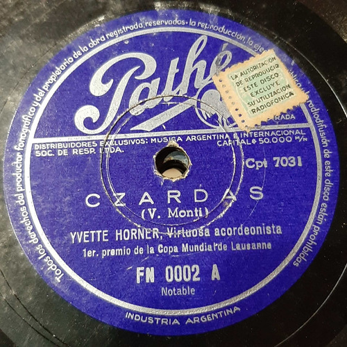 Pasta Yvette Horner Acordeonista Pathe C294