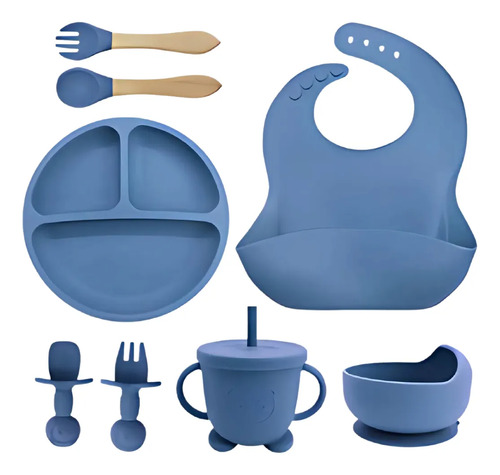 Kit Alimentação Bebê Silicone para Refeição de 8 Peças Azul-Escuro
