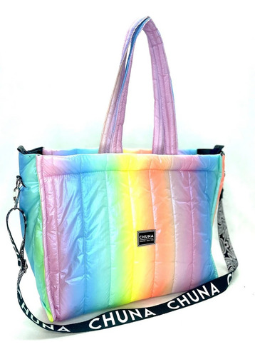 Bolso Cartera Amplio Puffer Matelassé Arcoiris Correa Chuna