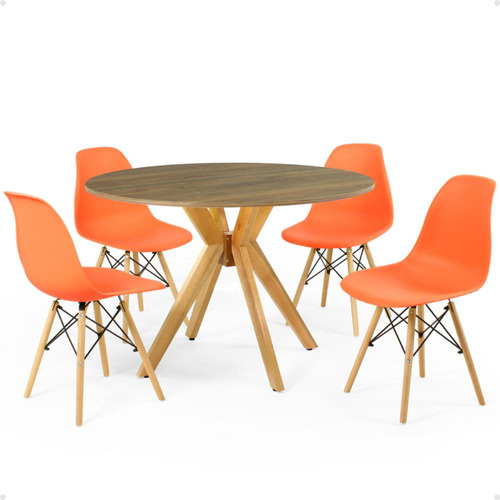 Mesa De Jantar Marci Natural 100cm + 4 Cadeiras Eames Eiffel Cor Laranja