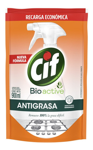 Imagen 1 de 1 de Limpiador Cif Antigrasa Bio Active Repuesto X900 Ml Cocina 