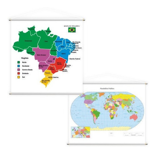 Mapa Regiões Do Brasil + Planisfério Político Kit 2 Banners