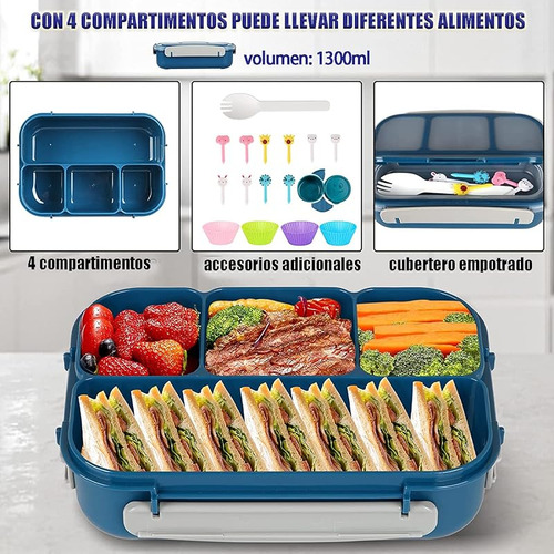 Lonchera Bento 1300ml Con 4 Compartimentos Y Cubiertos
