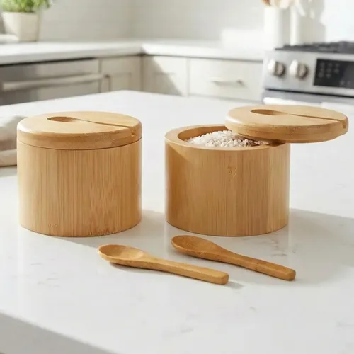 Saleiro Açucareiro Porta  Temperos Pote Bambu Condimento Bambu
