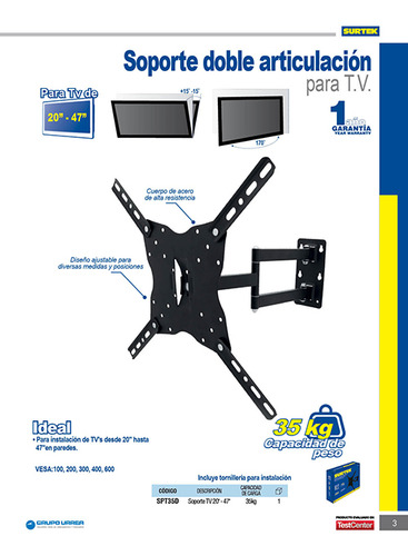 Soporte Doble Para Tv 20 - 47 , 35 Kg Surtek