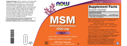 Cápsulas Msm 1000 Mg Ahora 400 Metilsulfonilmetano Vegano