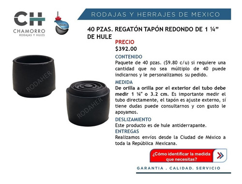 Regatón Tapón Redondo Barril De Hule De 1 1/4 Paq. 40 Pzas.