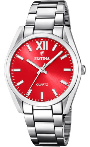 Reloj Festina F20622.b Para Mujer Analogico Cuarzo Color de la malla Plateado Color del bisel Plateado Color del fondo Rojo