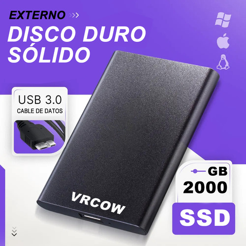 Externo Disco Duro Ssd 2tb Vrcow 2000gb Sólido Mini Portátil Usb3.0 Delgado Compatible Con Pc Portátil Y Mac Negro