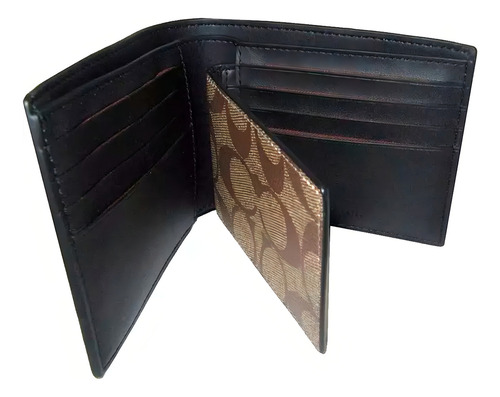 Cartera Coach Hombre Negra Cuero Signature Con Tarjetero Color Marrón Oscuro